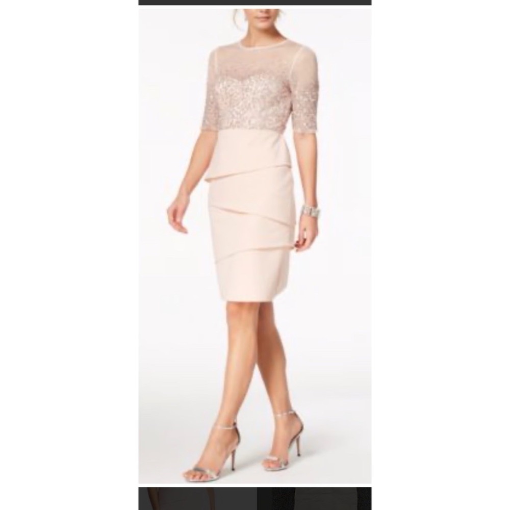 Teri Jon Champagne Floral Lace Short Sleeve Round Neck Sheath Dress Women 8